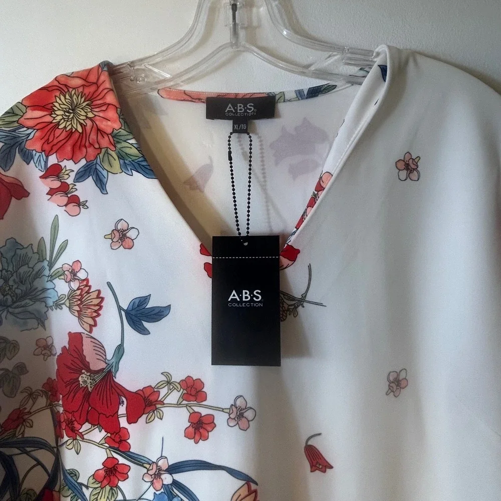 ABS Collection‎ Floral Oriental Print V-Neck Bell Sleeve Shift Dress XL White
